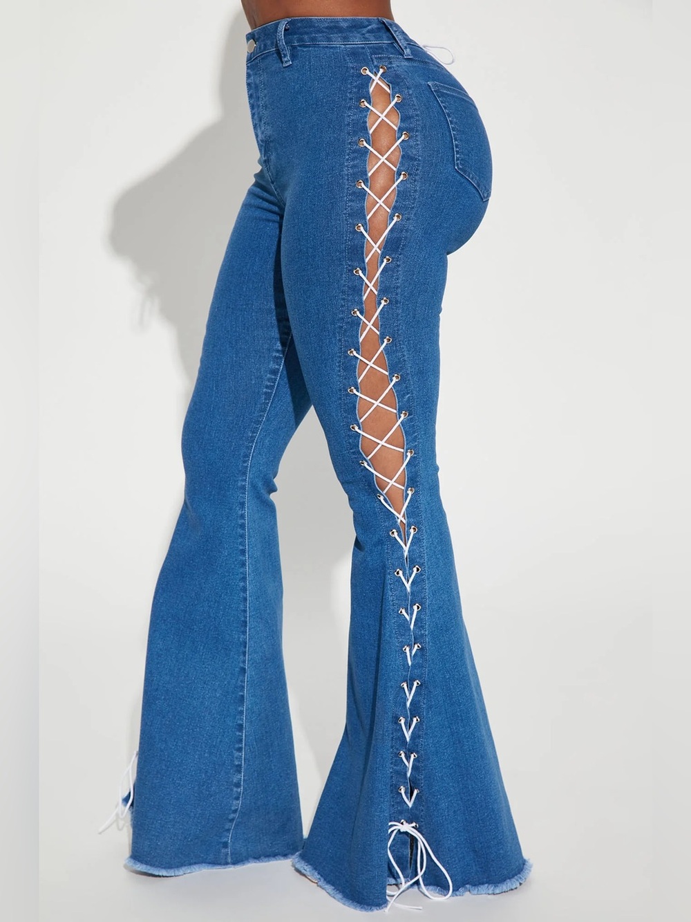 Fashion Nova Women’s Blue Lace-Up Flared Jeans with side lace